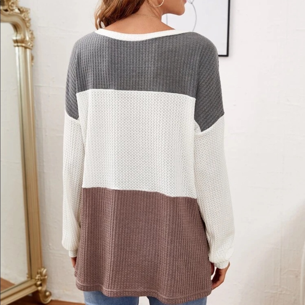 GRAY,CREAM & BROWN COLORBLOCK DROP SHOULDER TEE - Picture 2 of 7